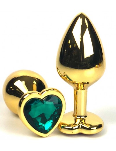 Золотистая анальная пробка с зеленым кристаллом-сердцем - 6,5 см.