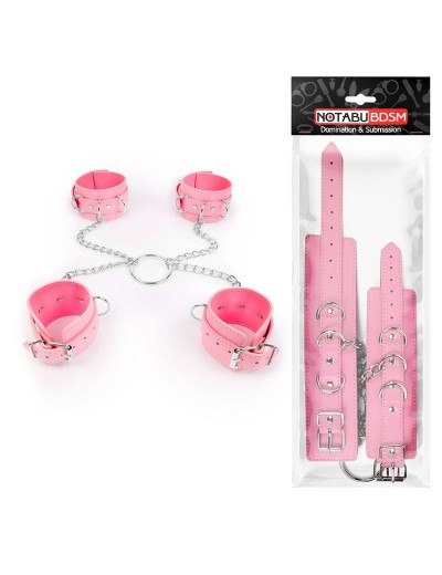 Комплект розовых наручников и оков на металлических креплениях с кольцом