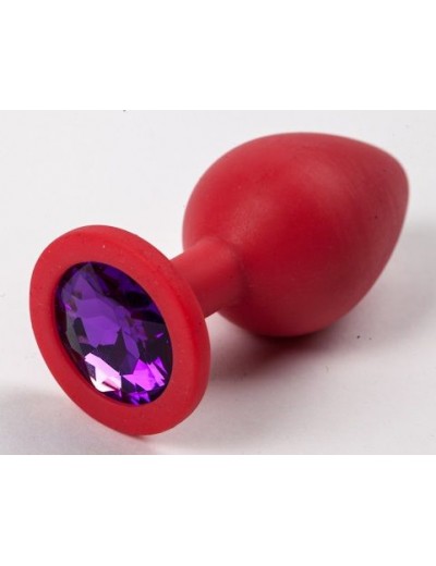 Красная силиконовая анальная пробка с фиолетовым стразом - 8,2 см.