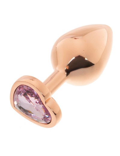 Золотистая анальная пробка OYO с нежно-розовым кристаллом-сердцем - 7,3 см.