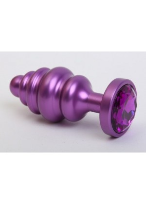 Фиолетовая ребристая анальная пробка с фиолетовым кристаллом - 7,3 см.