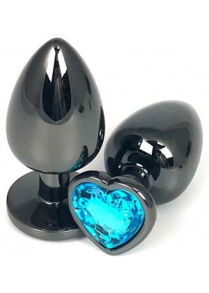 Черная металлическая анальная пробка с голубым стразом-сердечком - 9 см.