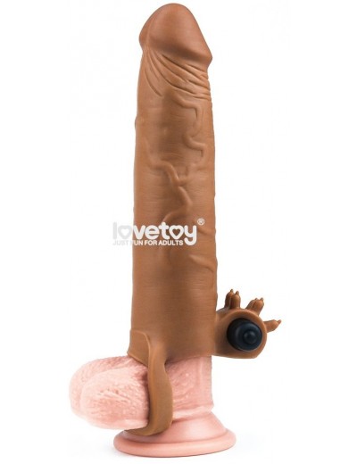 Коричневая вибронасадка-удлинитель на пенис Add 3 Pleasure X Tender Vibrating Penis Sleeve - 19,5 см.