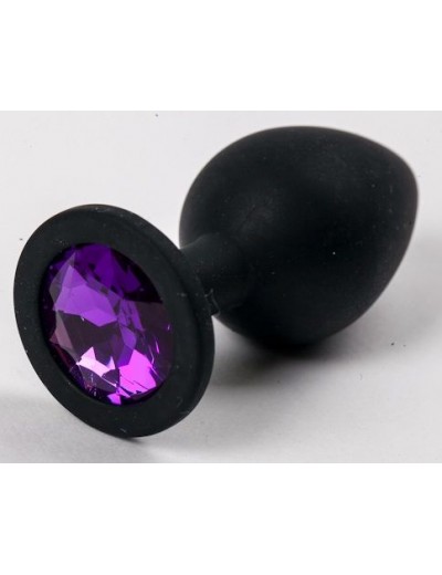 Черная силиконовая анальная пробка с фиолетовым кристаллом - 9,5 см.