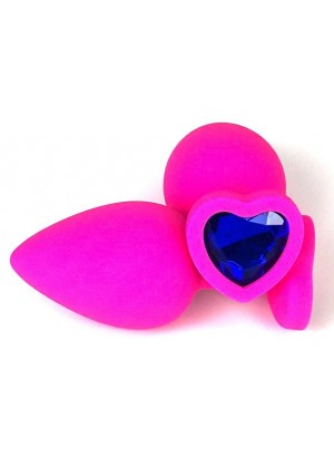 Розовая силиконовая пробка с синим кристаллом-сердцем - 8 см.