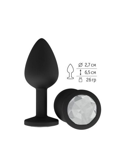 Чёрная анальная втулка с прозрачным кристаллом - 7,3 см.