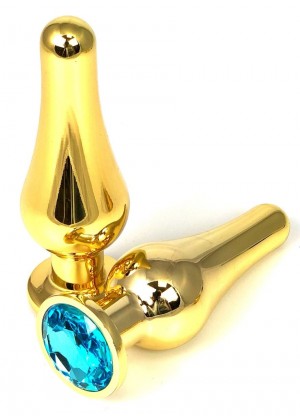 Золотистая удлиненная анальная пробка с голубым кристаллом - 8 см.