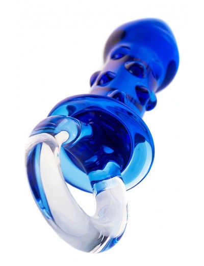 Синяя стеклянная анальная втулка с ручкой-кольцом - 16 см.