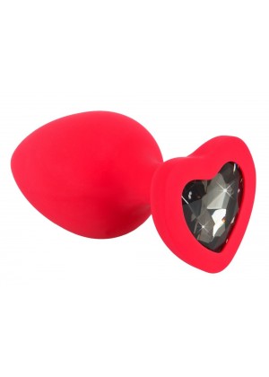 Красная силиконовая анальная пробка с черным стразом-сердечком - 9,3 см.
