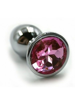 Серебристая алюминиевая анальная пробка с светло-розовым кристаллом - 7 см.