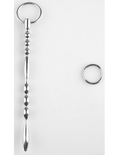 Серебристый фигурный уретральный стимулятор с колечком - 19,5 см.