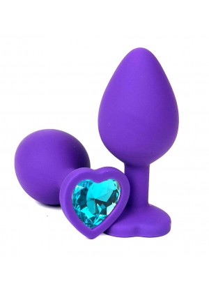 Фиолетовая силиконовая анальная пробка с голубым стразом-сердцем - 8,5 см.