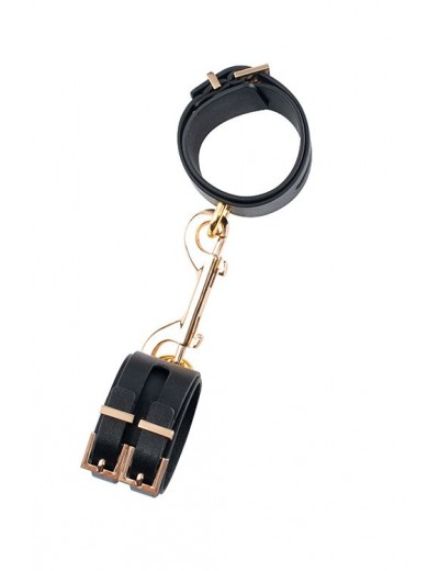 Черные наручники PREMIUM HANDCUFF WITH HOOK с золотистой перемычкой