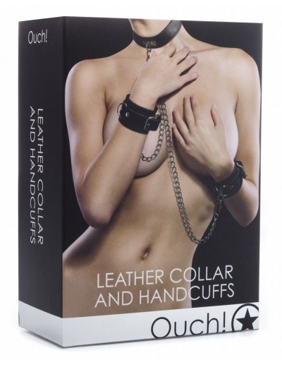 Чёрный комплект для бондажа Leather Collar and Handcuffs