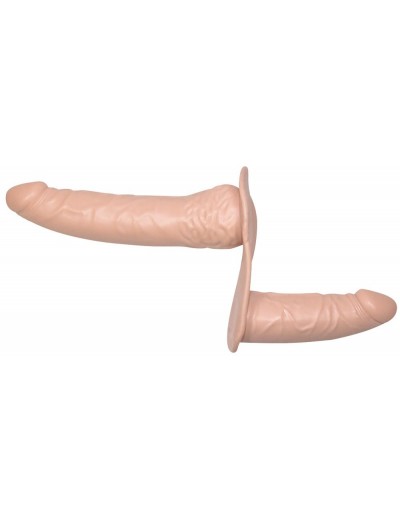Телесный страпон с вагинальной пробкой Double Dong Strap-On - 19 см.