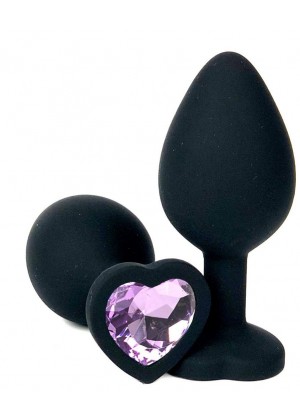 Черная силиконовая пробка с сиреневым кристаллом-сердечком - 9,5 см.