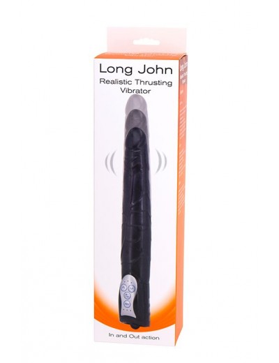 Чёрный вибромассажер Long John Realistic Thrusting Vibrator с функцией толкания - 20 см.