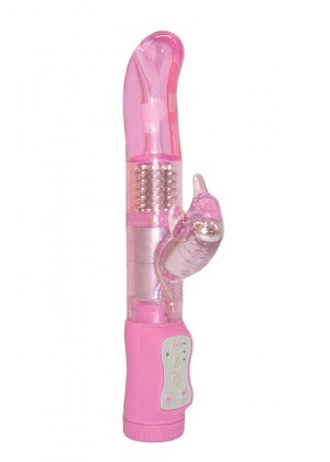 Розовый вибромассажер с клиторальным отростком SLIM HUMMING BIRD G-SPOT VIBE - 25 см.