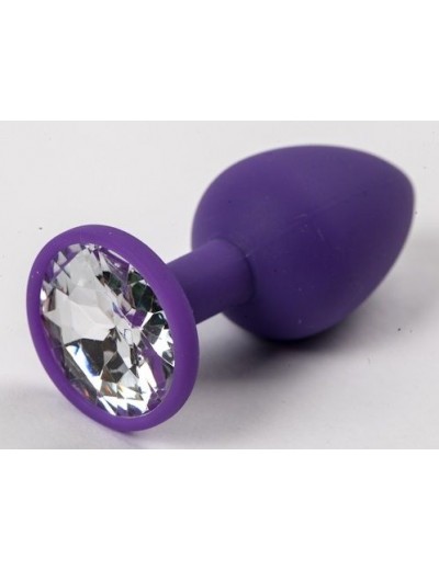 Фиолетовая силиконовая анальная пробка с прозрачным стразом - 7,1 см.