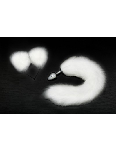 Серебристая анальная пробка с белым хвостиком и ободком-ушками