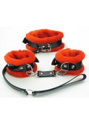 Черно-красные меховые наручники и ошейник с поводком