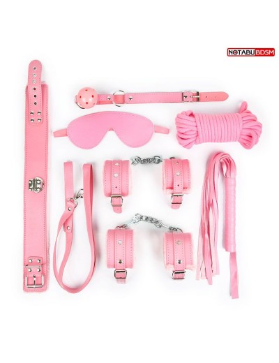 Оригинальный розовый набор БДСМ: маска, кляп, верёвка, плётка, ошейник, наручники, оковы
