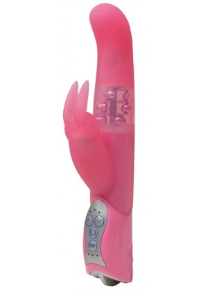 Розовый вибратор Pearl Bunny с загнутой головкой и клиторальным зайчиком - 26 см.