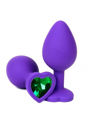 Фиолетовая силиконовая анальная пробка с зеленым стразом-сердцем - 10,5 см.