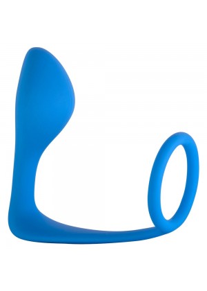 Синее эрекционное кольцо с анальной пробкой Button Anal Plug