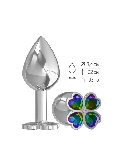 Средняя серебристая анальная втулка с клевером из радужных кристаллов - 8,5 см.