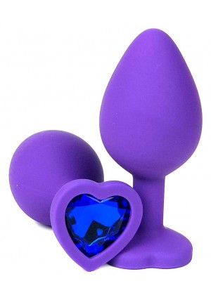 Фиолетовая силиконовая анальная пробка с синим стразом-сердцем - 8 см.