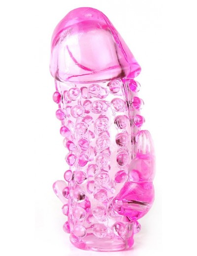 Розовая насадка со стимуляторами ануса и клитора - 12,5 см.