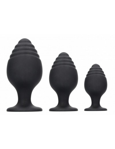 Набор из 3 черных анальных пробок Rippled Butt Plug Set