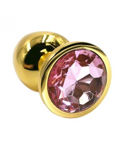 Золотистая алюминиевая анальная пробка с светло-розовым кристаллом - 6 см.