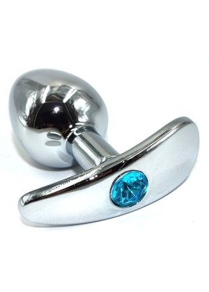 Серебристая анальная пробка для ношения из нержавеющей стали с голубым кристаллом - 8 см.