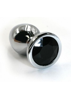 Серебристая алюминиевая анальная пробка с чёрным кристаллом - 6 см.