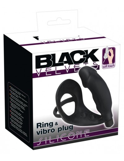 Черное кольцо с анальной вибропробкой Black Velvets
