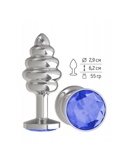 Серебристая пробка с рёбрышками и синим кристаллом - 7 см.