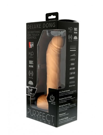 Телесный вибратор из силикона с кнопкой в основании ствола PURRFECT SILICONE DELUXE ONE TOUCH 8INCH - 20 см.