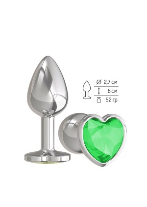 Серебристая анальная втулка с зеленым кристаллом-сердцем - 7 см.