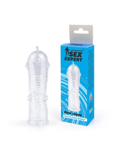 Прозрачная закрытая насадка на пенис с шипиками - 12,5 см.