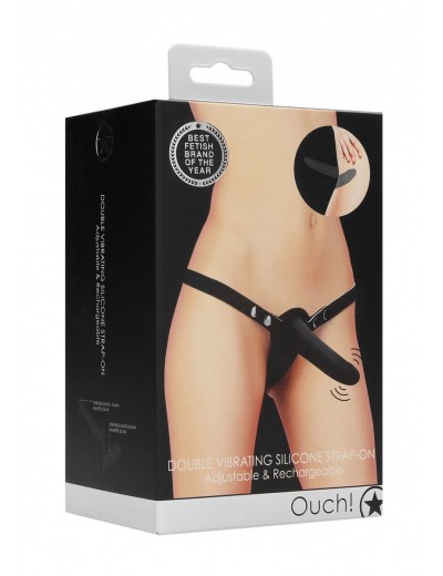 Черный двойной вибрострапон Double Vibrating Silicone Strap-On Adjustable - 15,5 см.