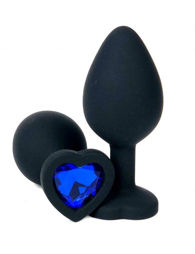 Черная силиконовая пробка с синим кристаллом-сердцем - 8,5 см.