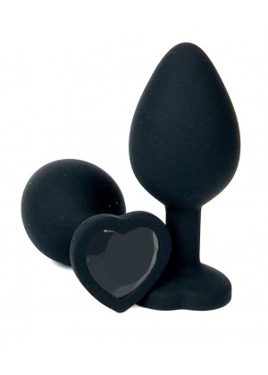 Черная силиконовая пробка с черным кристаллом-сердцем - 8,5 см.
