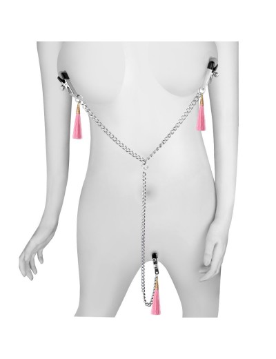 Зажимы на соски и половые губы с розовыми кисточками Nipple Clit Tassel Clamp With Chain