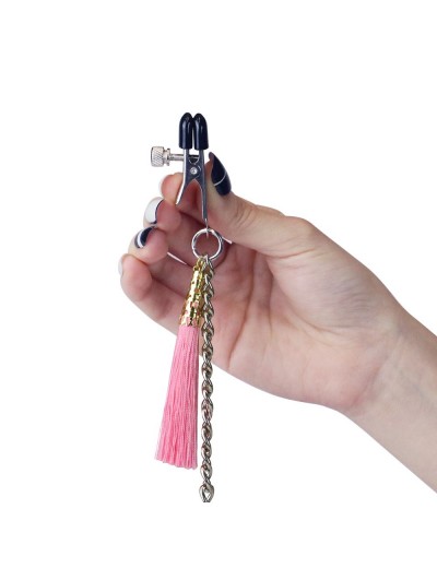 Зажимы на соски и половые губы с розовыми кисточками Nipple Clit Tassel Clamp With Chain