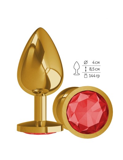 Золотистая большая анальная пробка с красным кристаллом - 9,5 см.