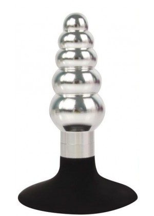 Серебристо-черная анальная пробка-елочка с ограничителем - 9 см.