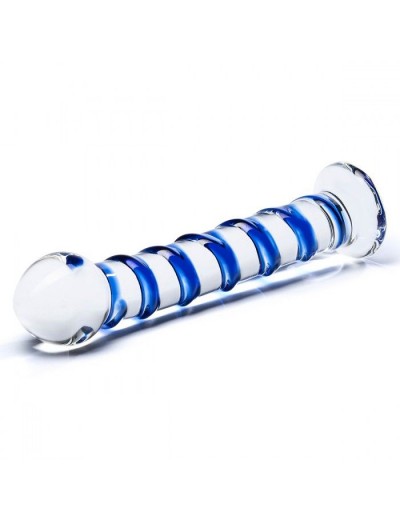 Стеклянный фаллоимитатор с голубой внешней спиралью - 18,5 см.