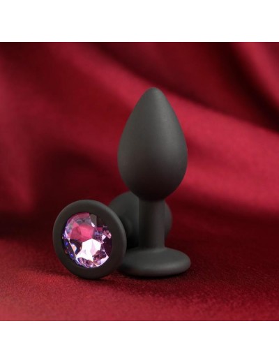 Черная анальная пробка с лиловым кристаллом - 7,2 см.